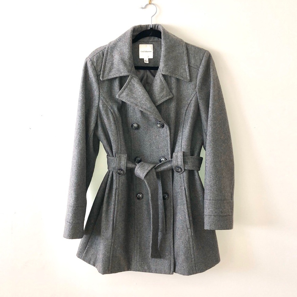 Gray double breasted pea coat with belt